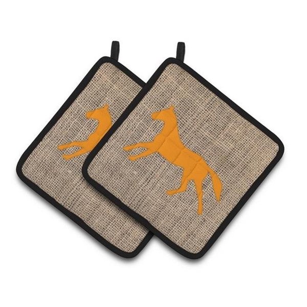 Carolines Treasures Carolines Treasures BB1003-BL-OR-PTHD Horse Faux Burlap & Orange Pair of Pot Holders; 7.5 x 3 x 7.5 in. BB1003-BL-OR-PTHD